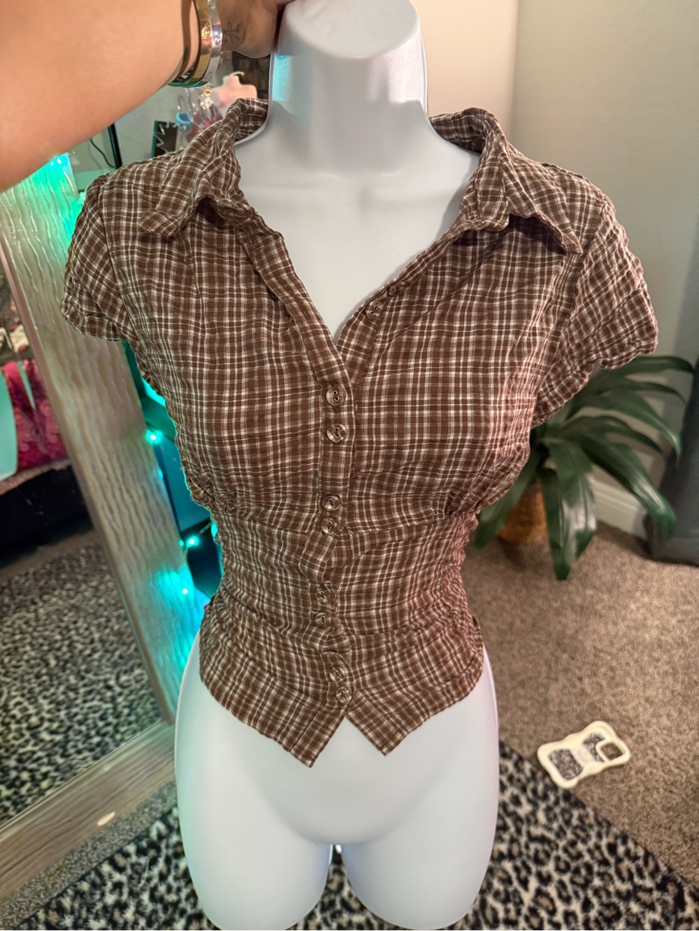 Brown Plaid Button-Front Short Sleeve Top